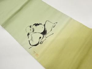 作家物　手織り紬手描き人物模様開き名古屋帯（額縁仕立て）